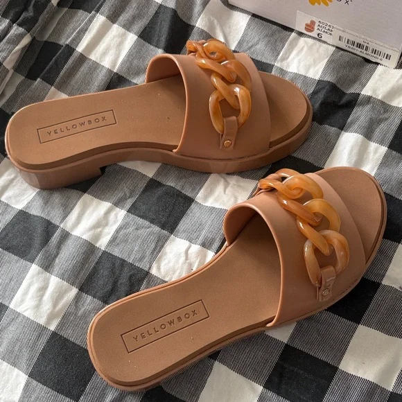 Yellow Box Peachy Tan Slide Sandals with Tortoiseshell Chain - Picture 3 of 4